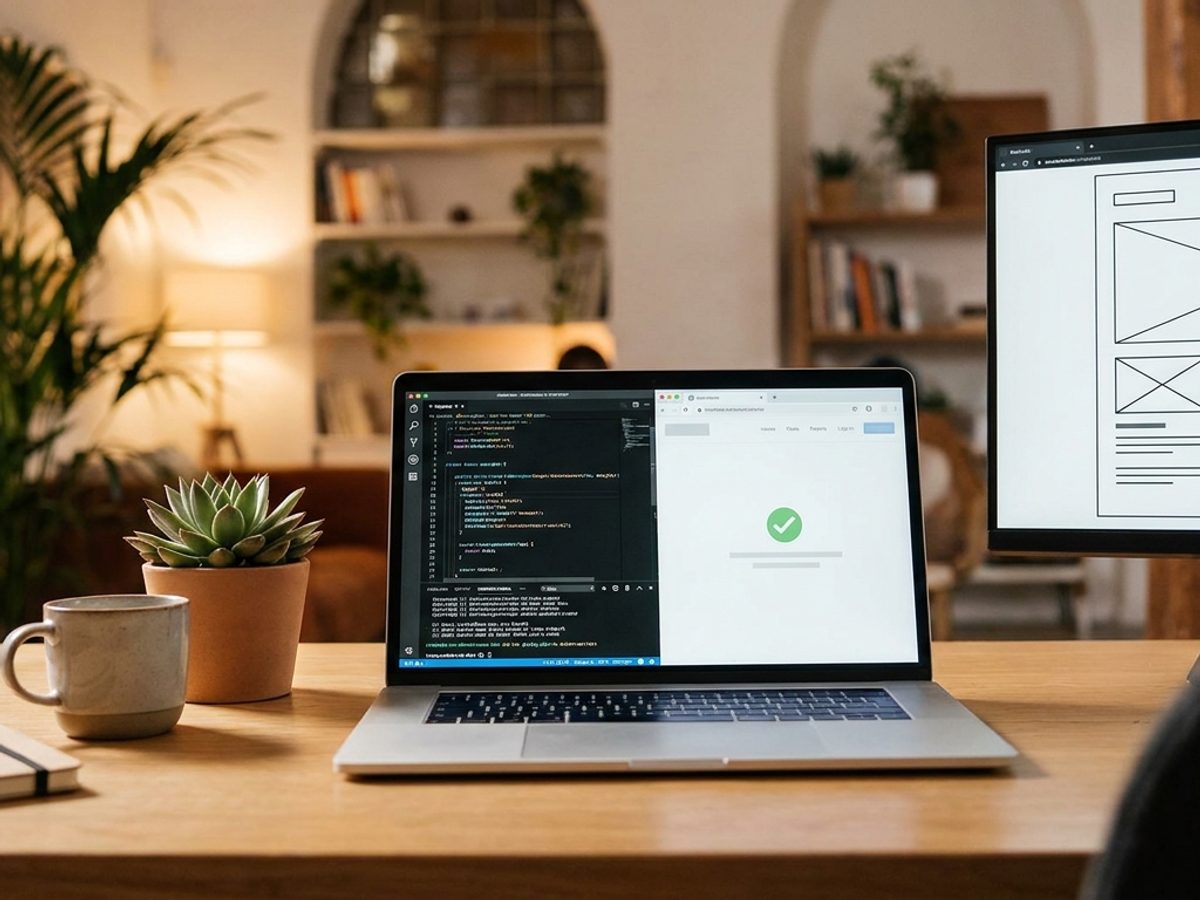 A developer workspace showing a code editor and browser preview with a passing test indicator
