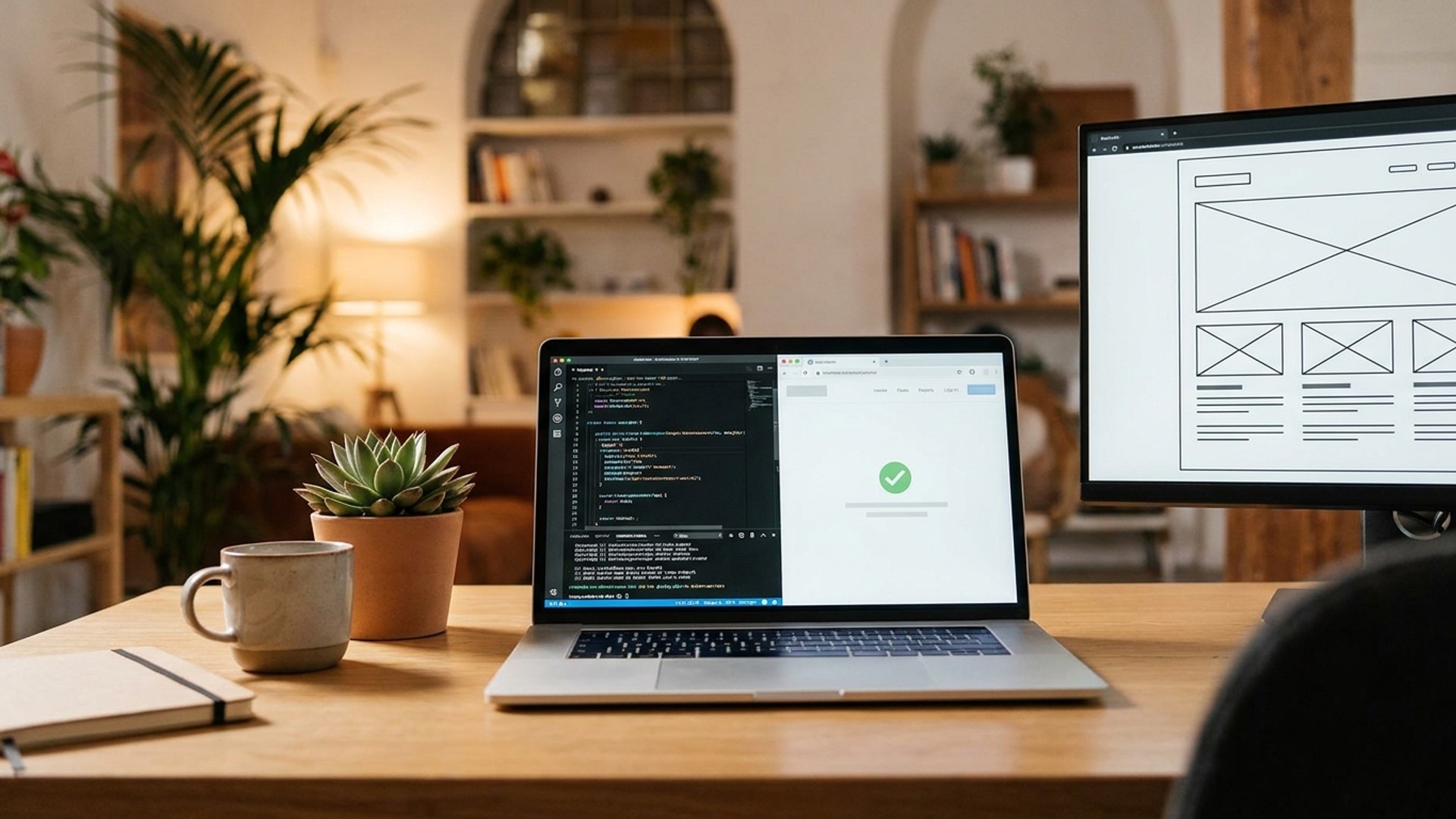 A developer workspace showing a code editor and browser preview with a passing test indicator