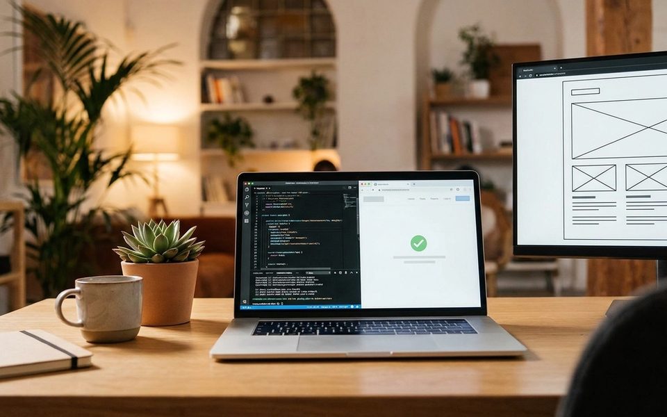 A developer workspace showing a code editor and browser preview with a passing test indicator