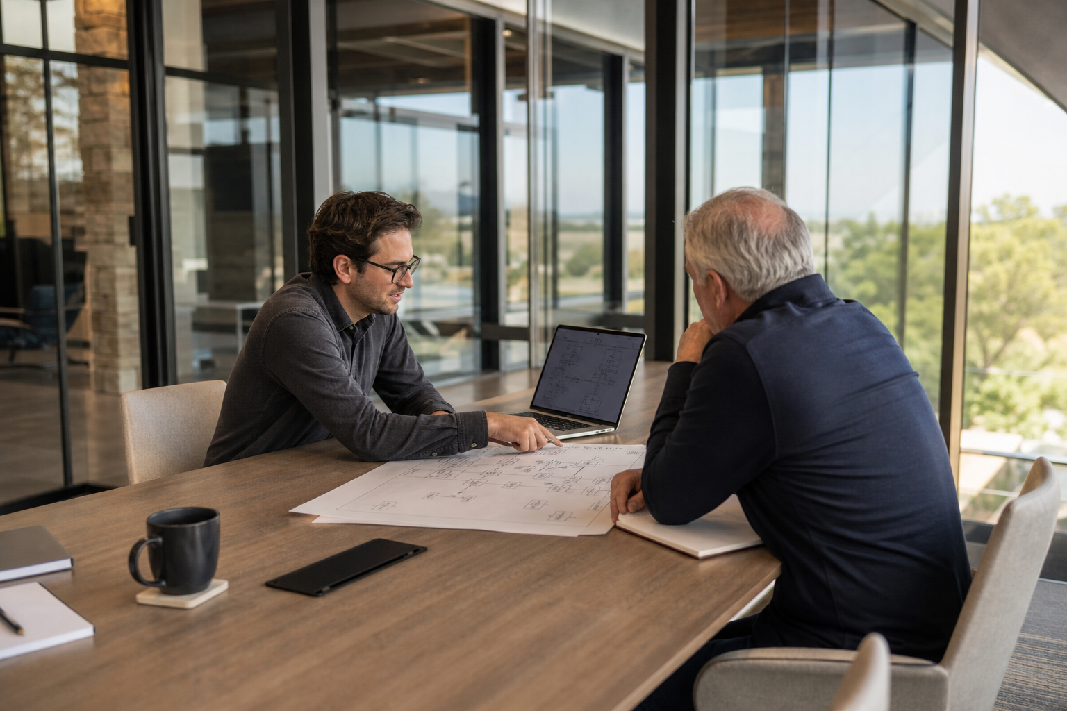 Advisor and founder reviewing an architecture diagram across a conference table