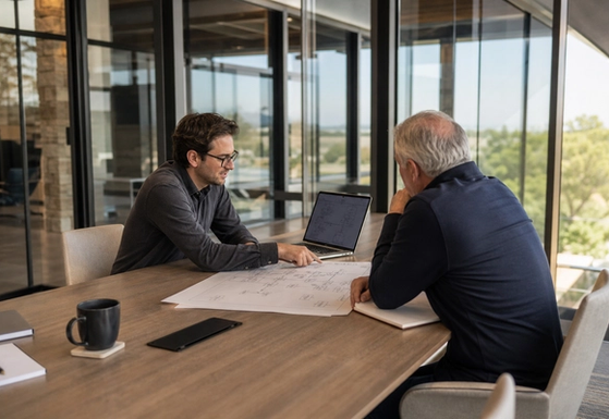 Advisor and founder reviewing an architecture diagram across a conference table