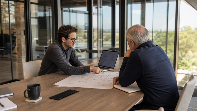 Advisor and founder reviewing an architecture diagram across a conference table