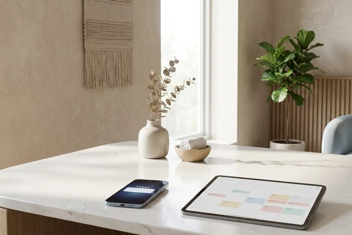 A smartphone showing a review request notification on a modern medical spa reception desk