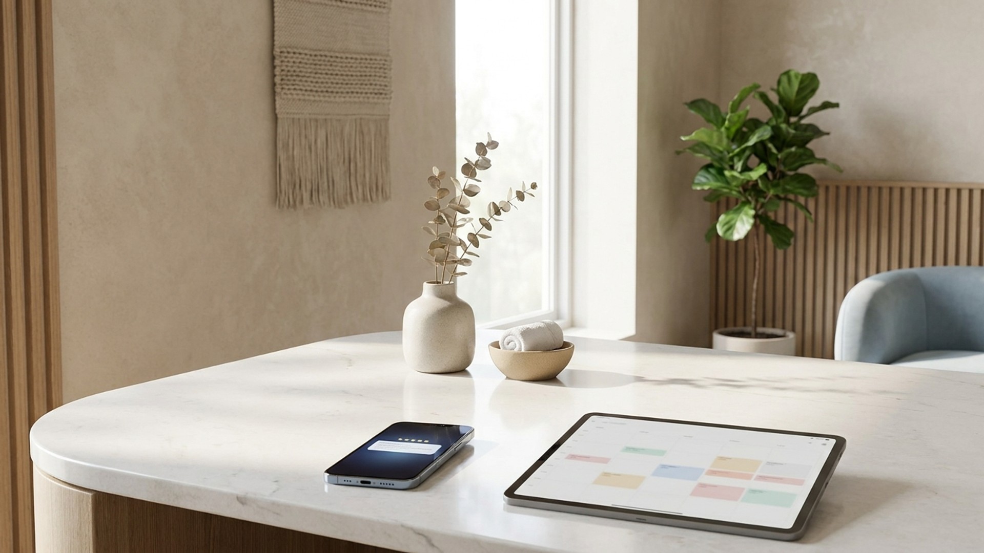 A smartphone showing a review request notification on a modern medical spa reception desk