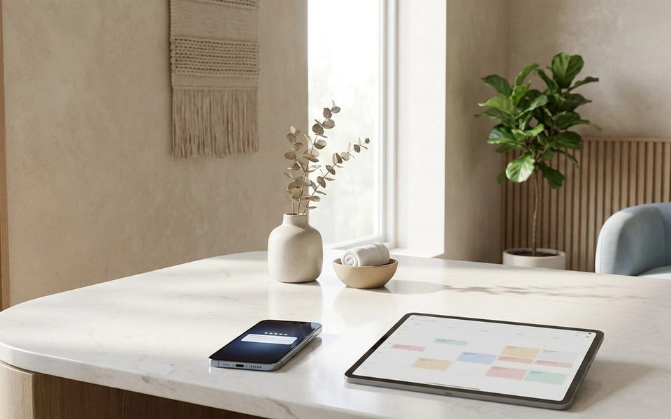 A smartphone showing a review request notification on a modern medical spa reception desk
