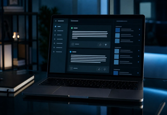 Laptop showing structured answer cards and citation-like blocks on a dark glass desk
