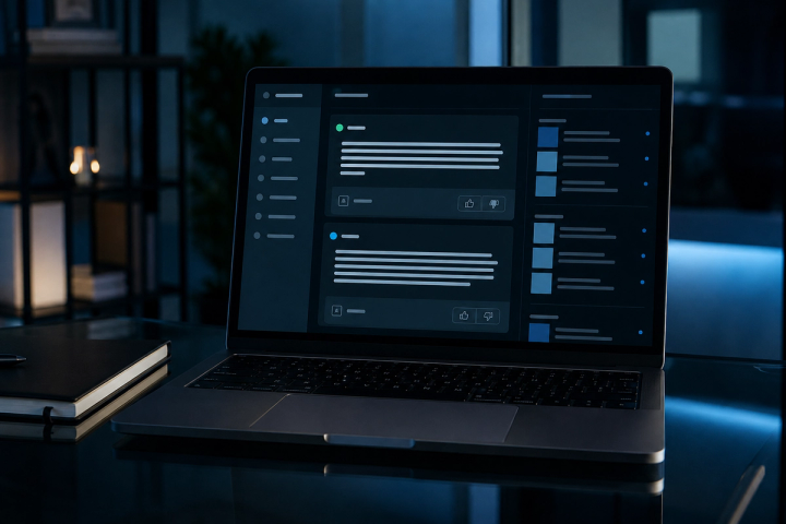 Laptop showing structured answer cards and citation-like blocks on a dark glass desk