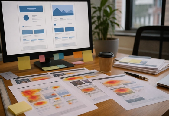 Desk with heatmap printouts and a monitor showing two abstract page variants