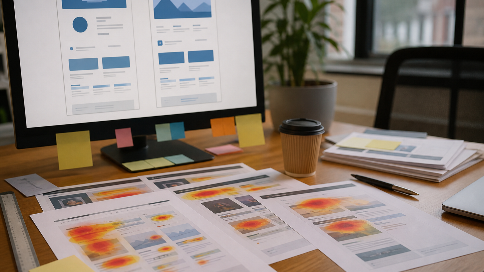 Desk with heatmap printouts and a monitor showing two abstract page variants