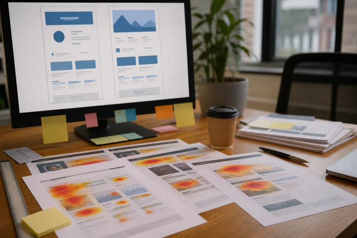 Desk with heatmap printouts and a monitor showing two abstract page variants