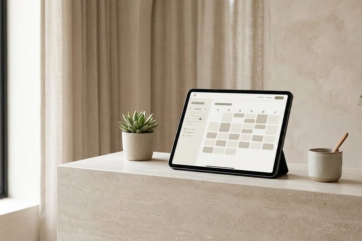 A tablet on a medspa reception desk showing a clean website with a treatment booking calendar, soft natural light, minimalist decor