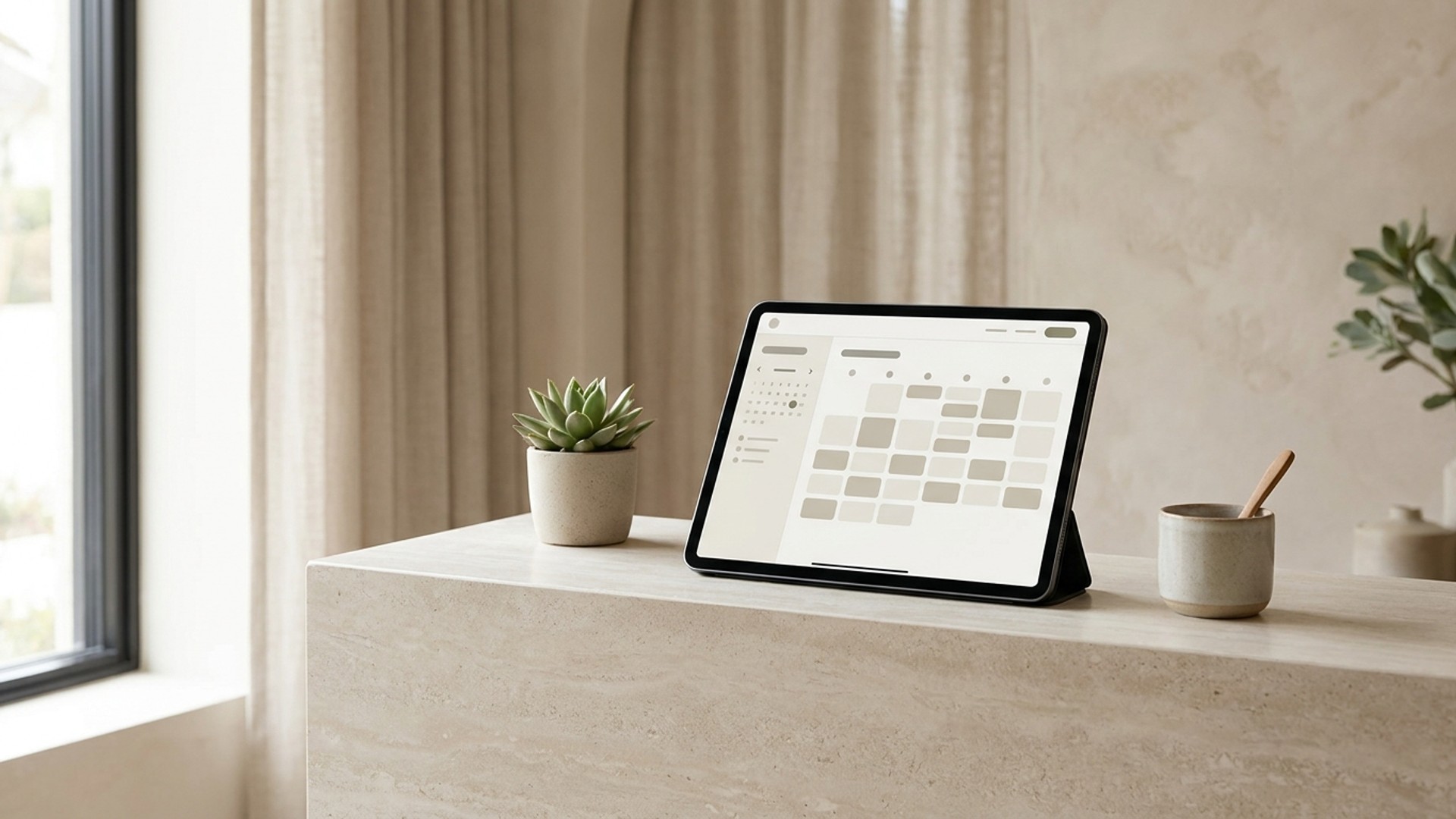 A tablet on a medspa reception desk showing a clean website with a treatment booking calendar, soft natural light, minimalist decor