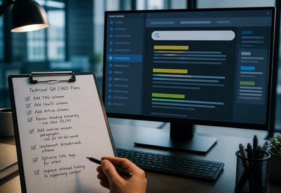 Checklist on a dark desk next to a laptop showing a website title tag and HTML outline