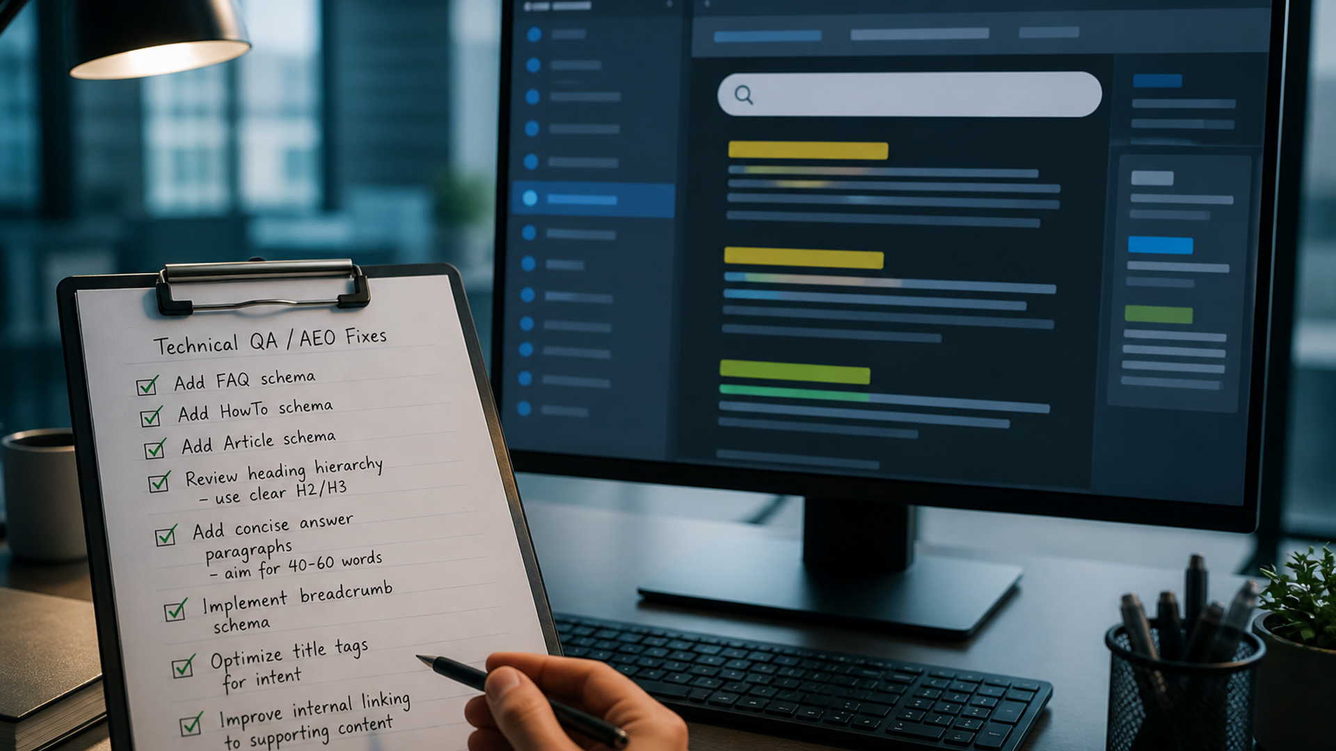 Checklist on a dark desk next to a laptop showing a website title tag and HTML outline
