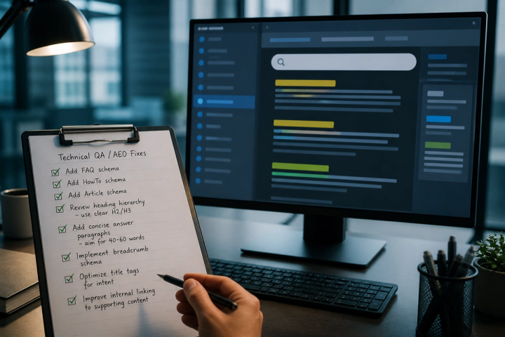 Checklist on a dark desk next to a laptop showing a website title tag and HTML outline
