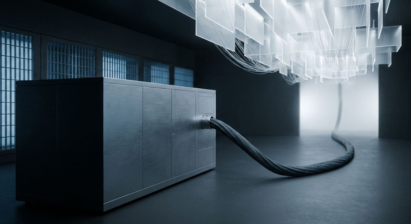 Dark industrial machine enclosure connected by one cable to a distant cloud of light, suggesting local execution and cloud inference