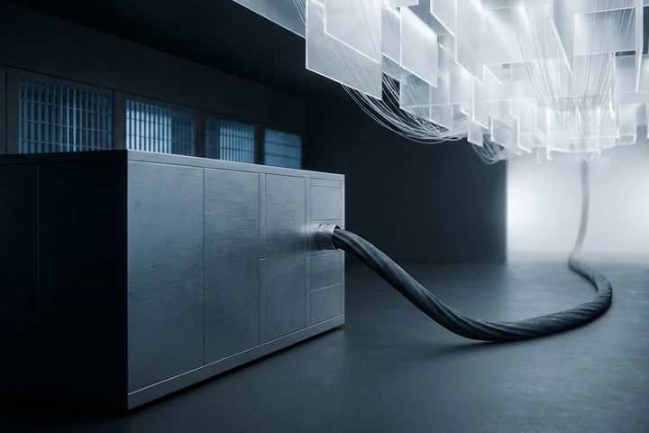 Dark industrial machine enclosure connected by one cable to a distant cloud of light, suggesting local execution and cloud inference
