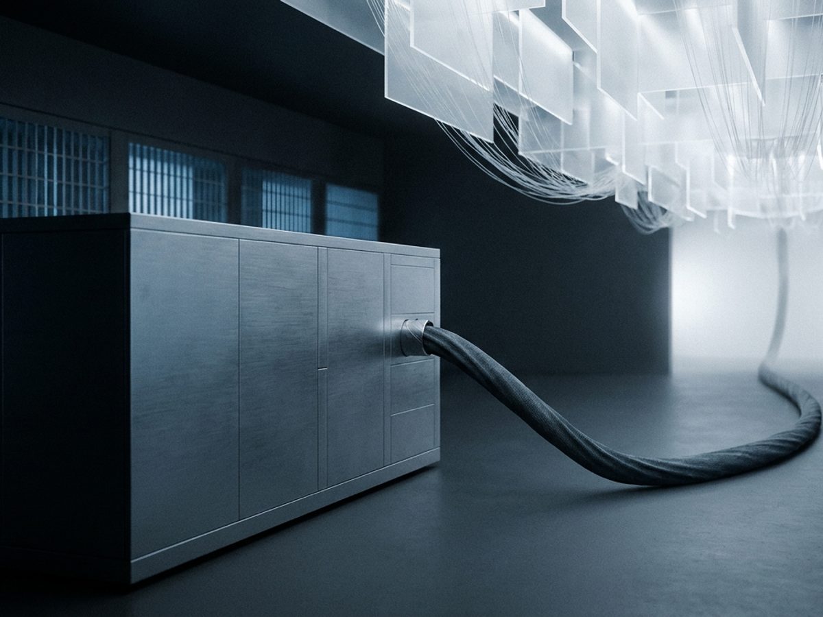 Dark industrial machine enclosure connected by one cable to a distant cloud of light, suggesting local execution and cloud inference