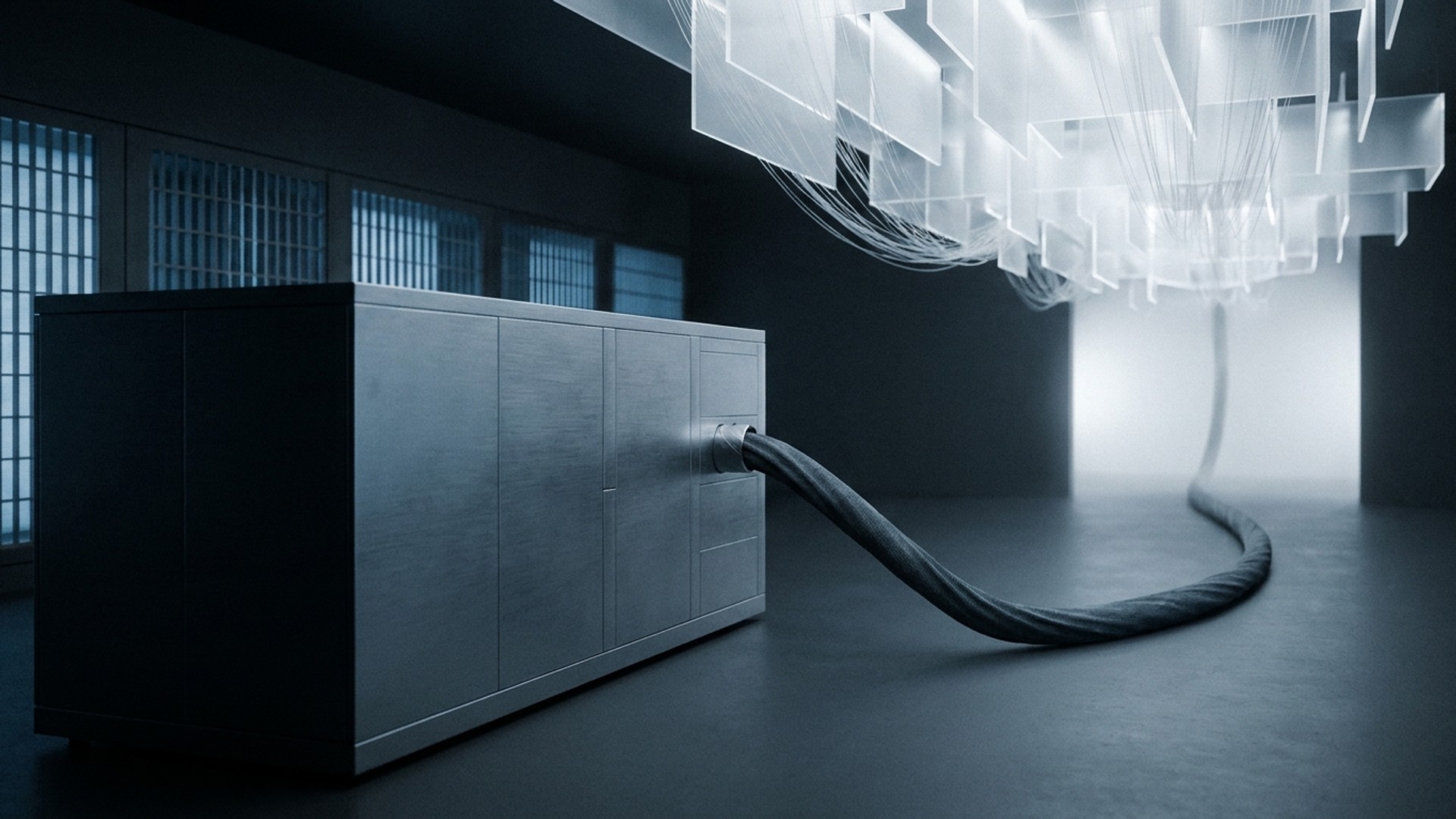 Dark industrial machine enclosure connected by one cable to a distant cloud of light, suggesting local execution and cloud inference