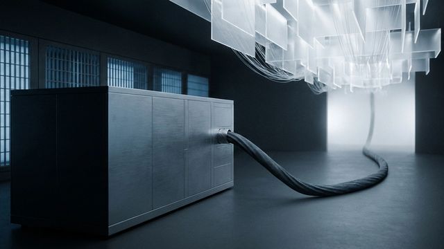 Dark industrial machine enclosure connected by one cable to a distant cloud of light, suggesting local execution and cloud inference
