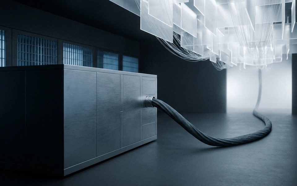 Dark industrial machine enclosure connected by one cable to a distant cloud of light, suggesting local execution and cloud inference