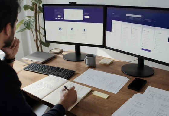 Product marketing sitemap sketch with pricing, docs, and changelog pages beside a simple brochure homepage
