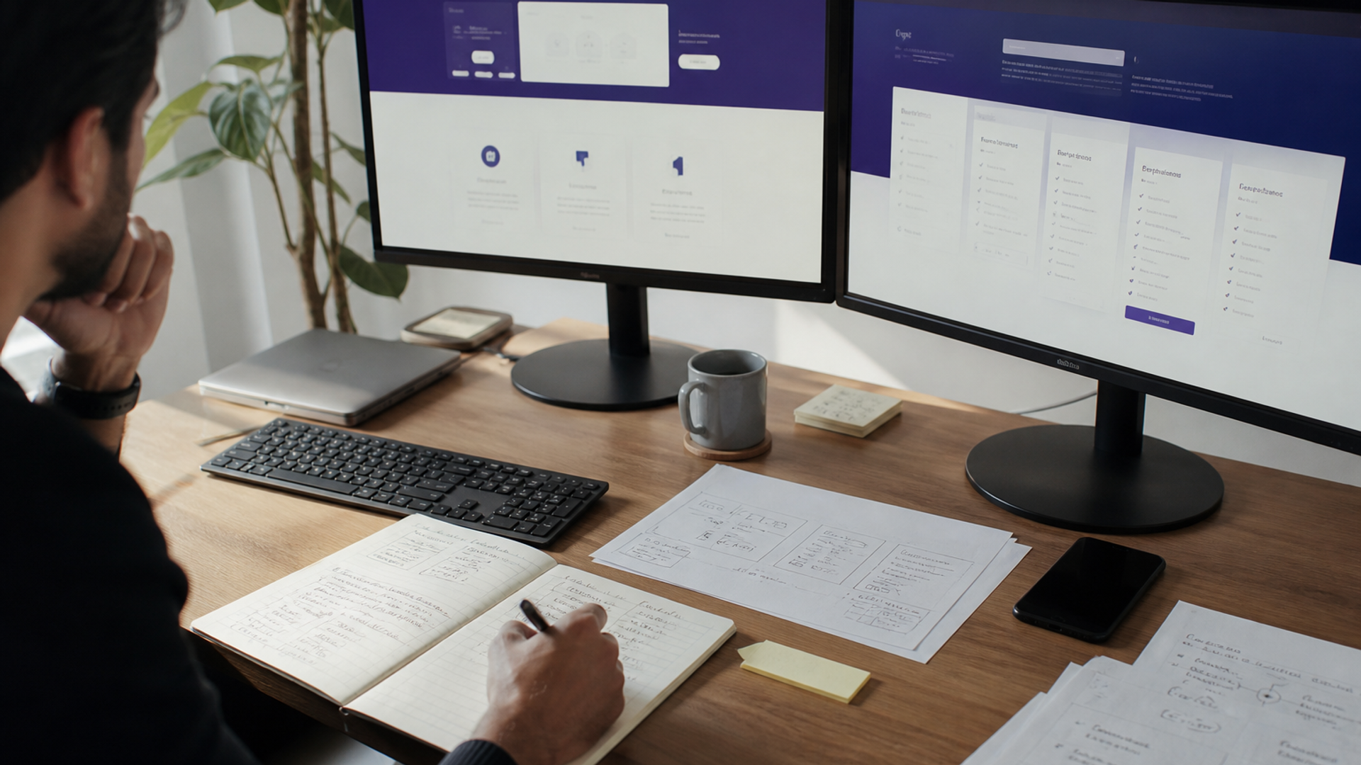 Product marketing sitemap sketch with pricing, docs, and changelog pages beside a simple brochure homepage