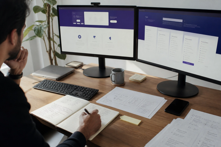 Product marketing sitemap sketch with pricing, docs, and changelog pages beside a simple brochure homepage