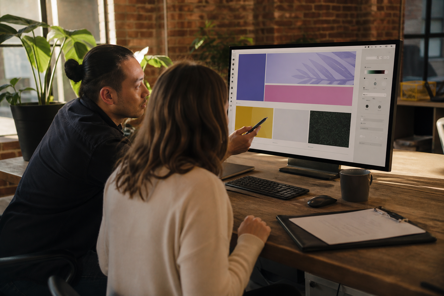 Team reviewing an abstract marketing website on a large office monitor
