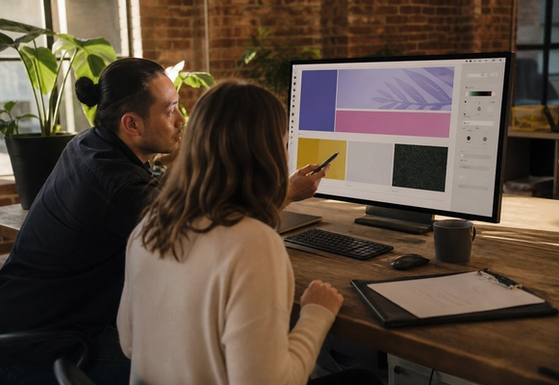 Team reviewing an abstract marketing website on a large office monitor
