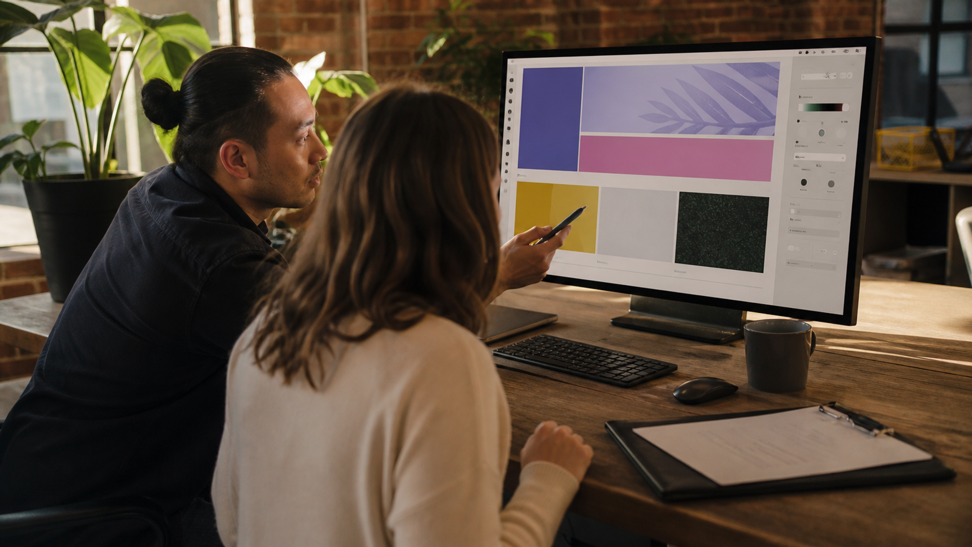 Team reviewing an abstract marketing website on a large office monitor