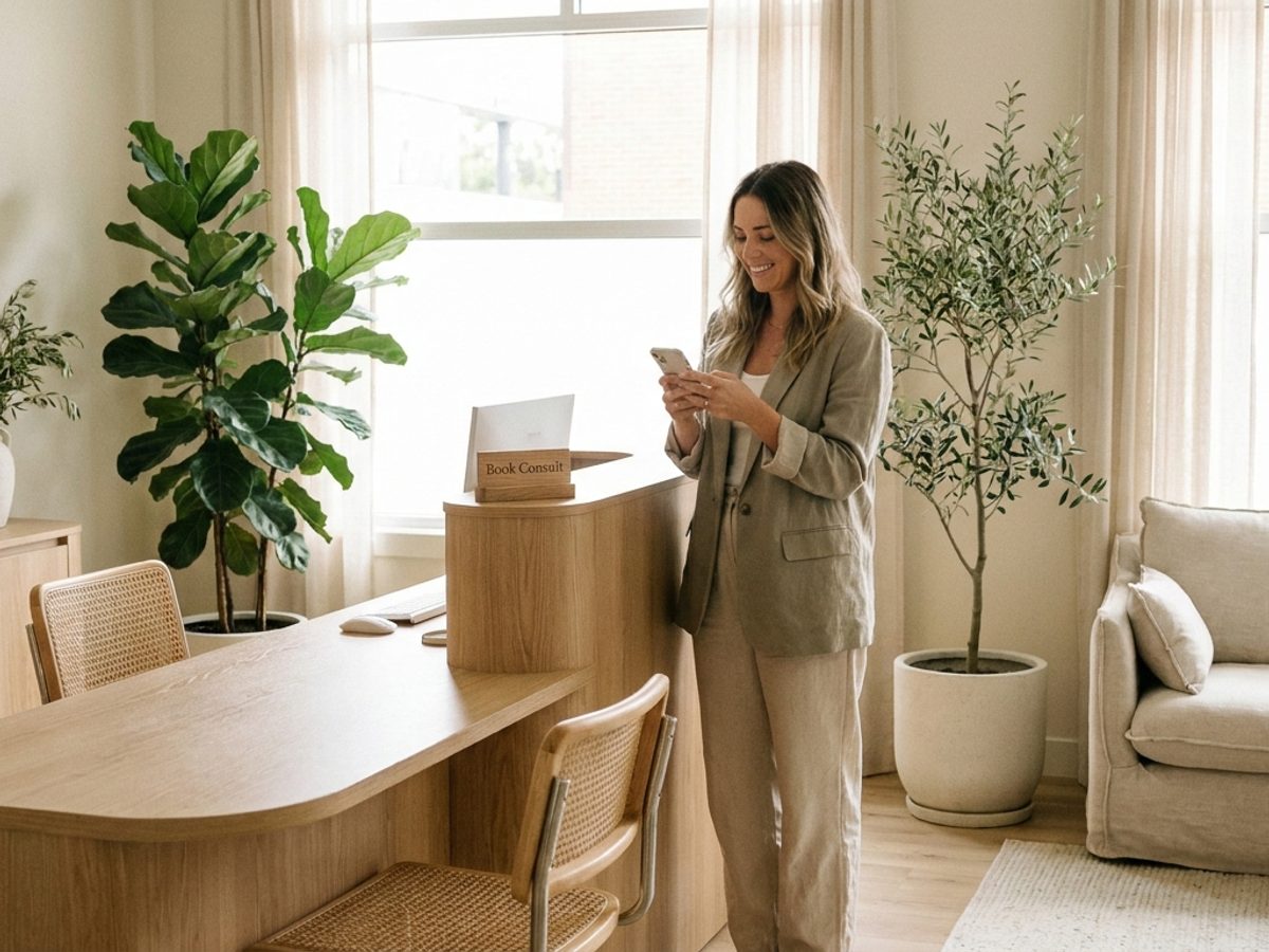 Person booking a wellness consult on a phone in a modern clinic reception area