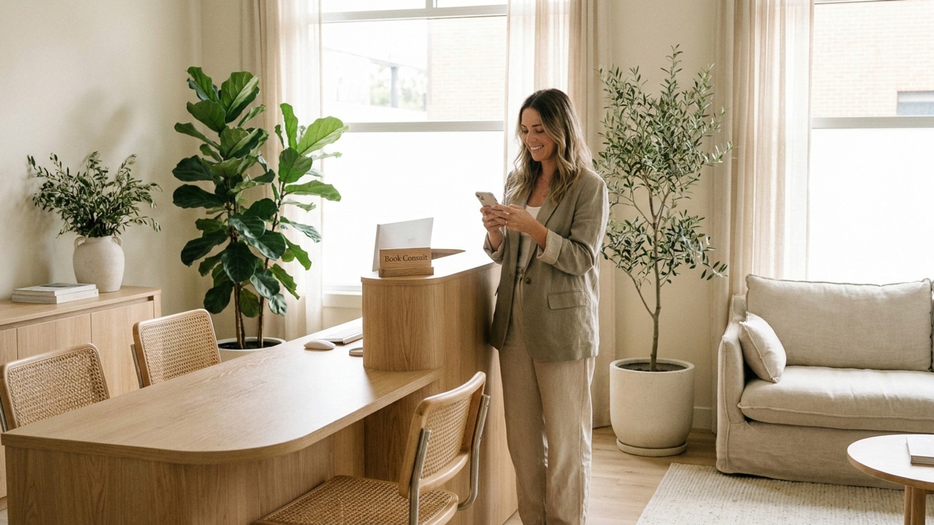 Person booking a wellness consult on a phone in a modern clinic reception area