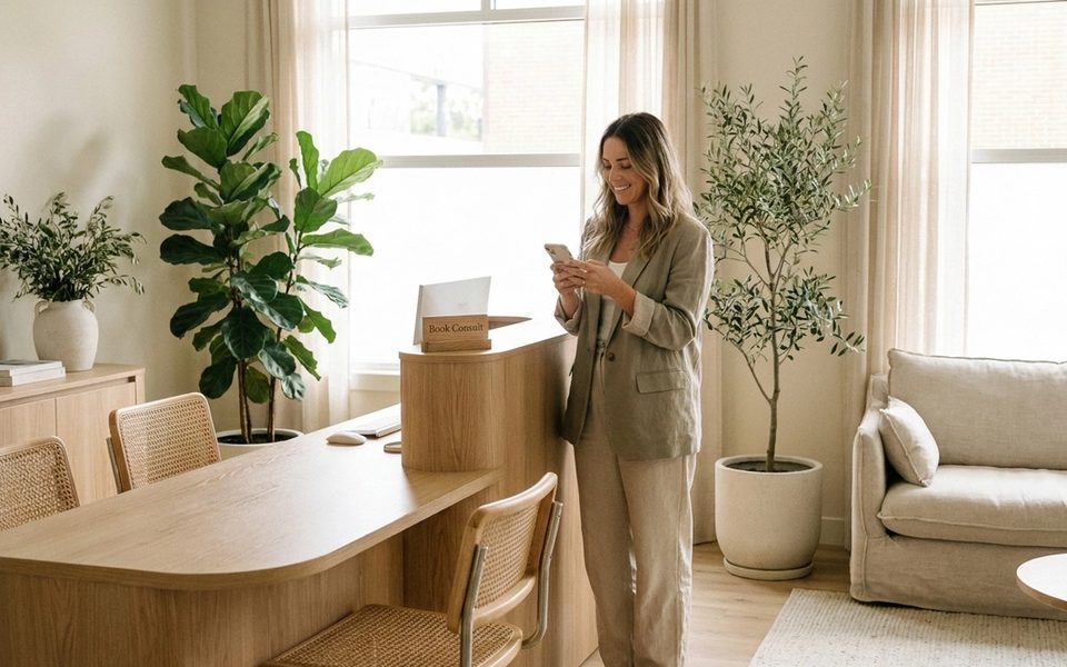 Person booking a wellness consult on a phone in a modern clinic reception area
