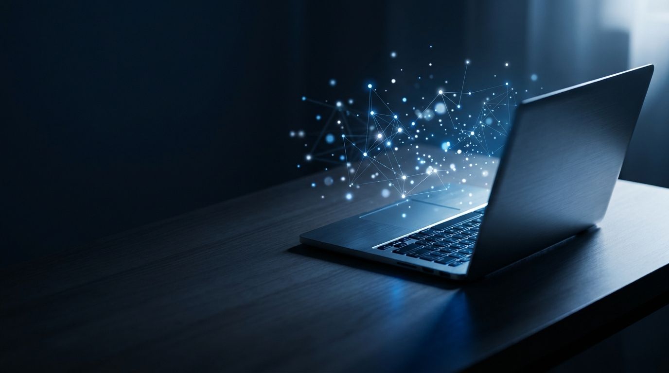 Dark desk scene with a laptop and an abstract blue agent interface, used as the GPT-6 Astra article cover