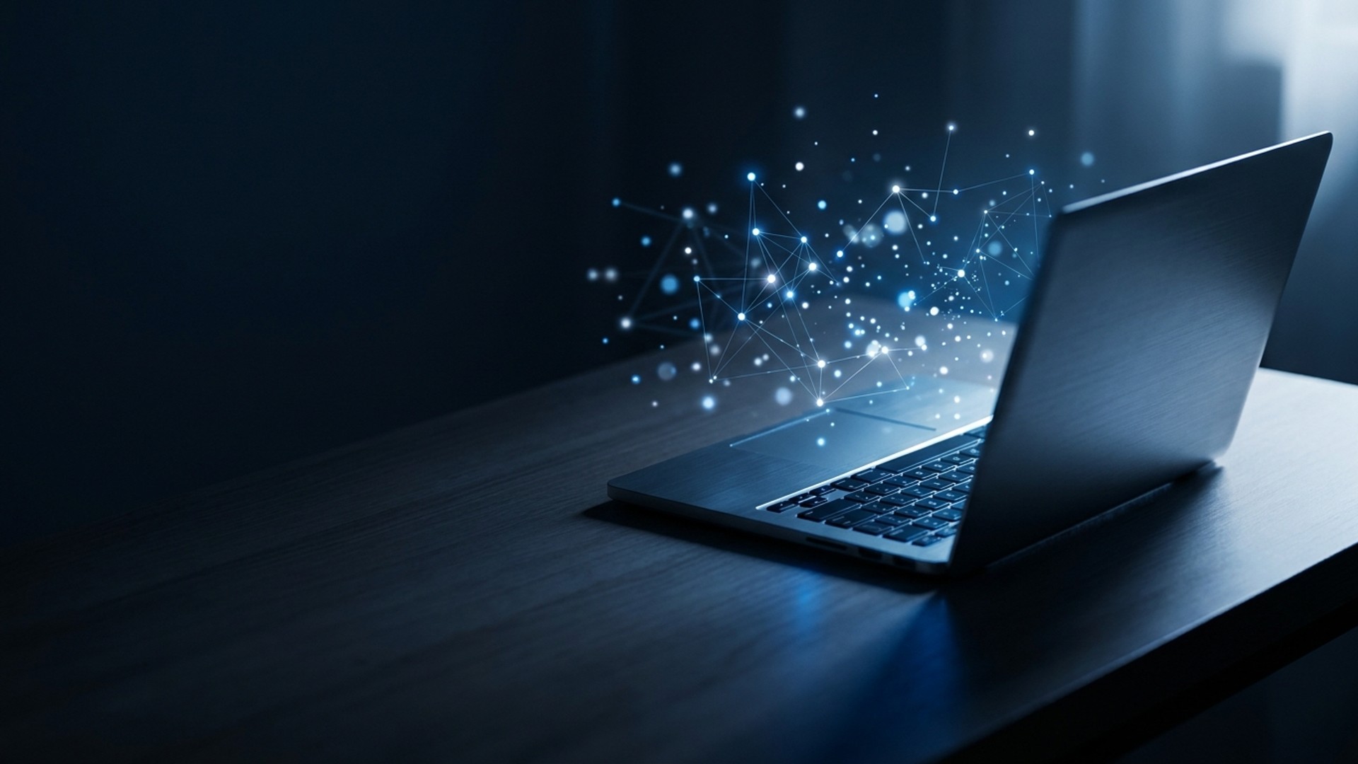 Dark desk scene with a laptop and an abstract blue agent interface, used as the GPT-6 Astra article cover