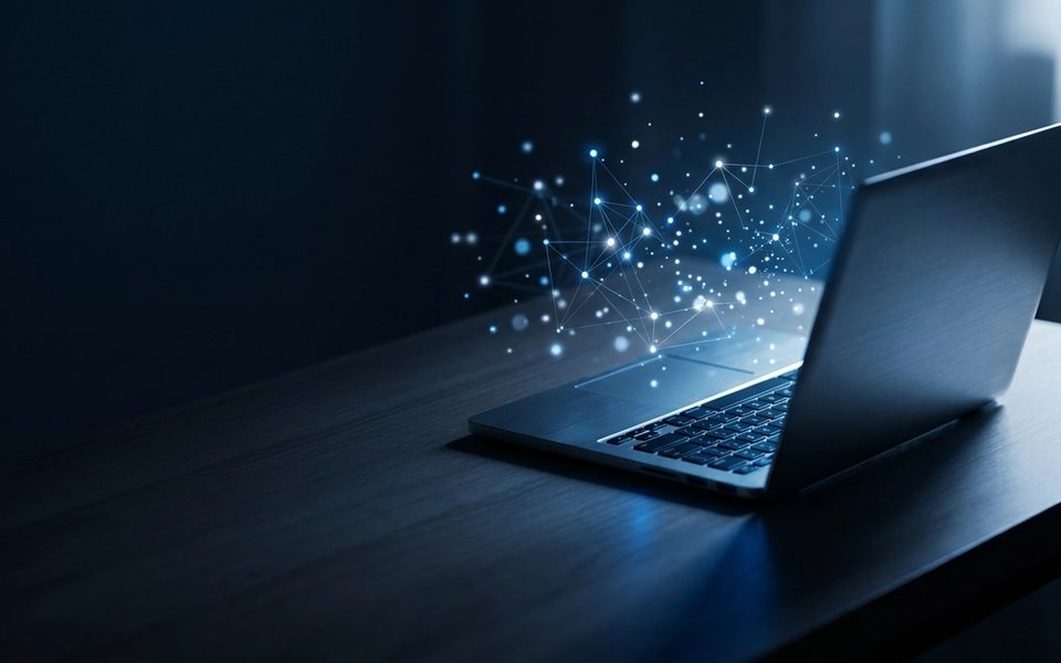 Dark desk scene with a laptop and an abstract blue agent interface, used as the GPT-6 Astra article cover
