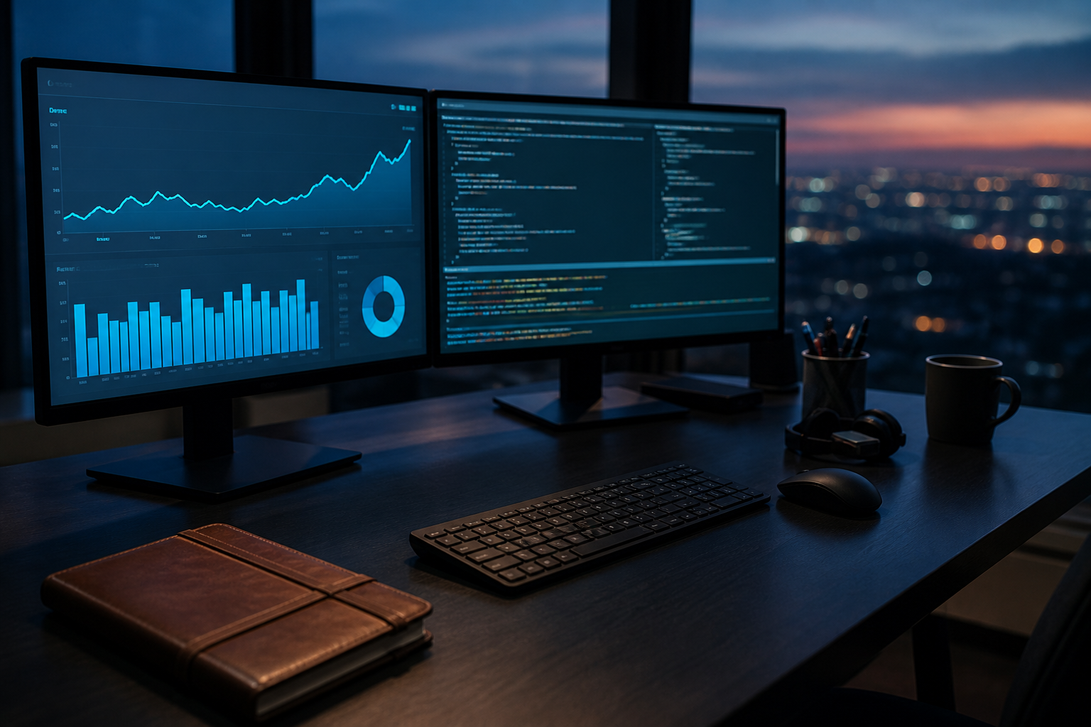 Consultant reviewing search performance charts on a dual-monitor desk at dusk
