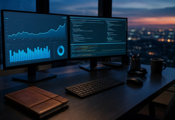 Consultant reviewing search performance charts on a dual-monitor desk at dusk