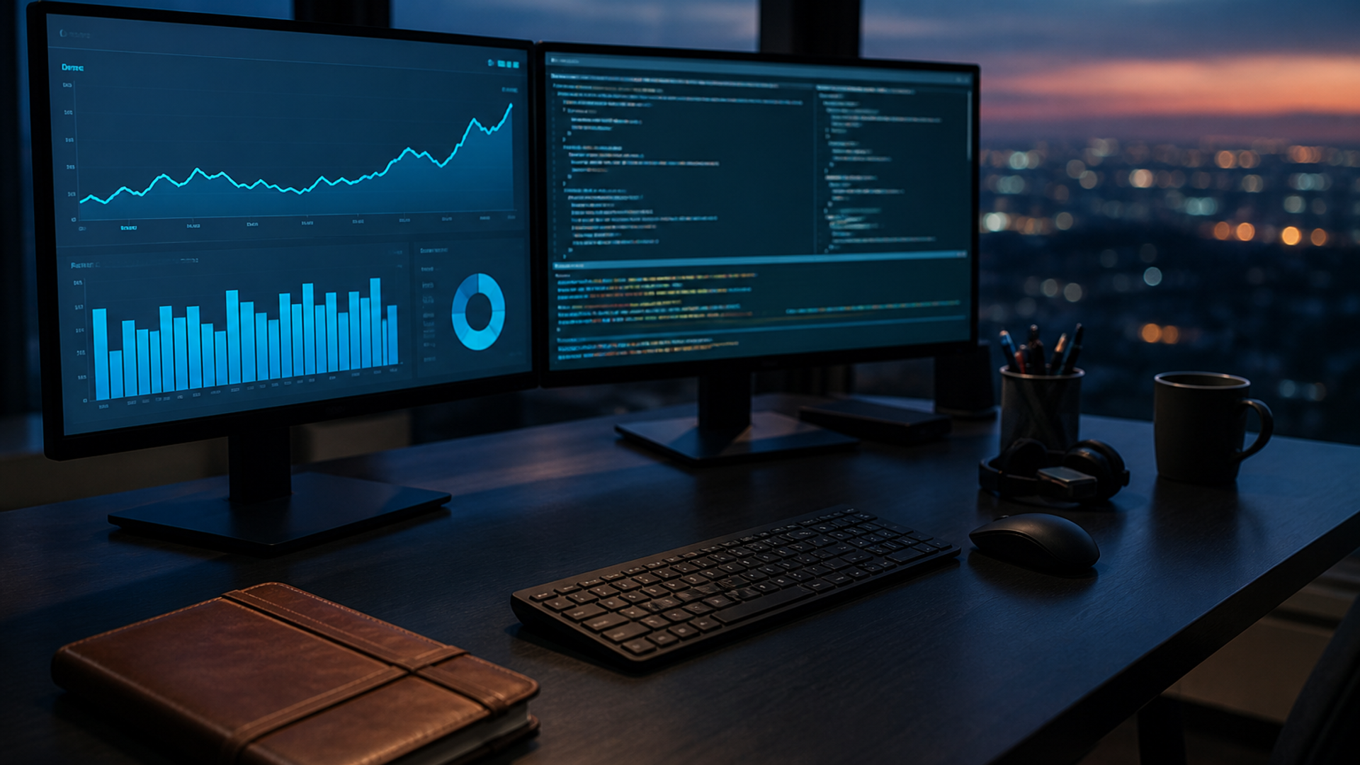 Consultant reviewing search performance charts on a dual-monitor desk at dusk