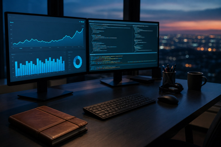 Consultant reviewing search performance charts on a dual-monitor desk at dusk
