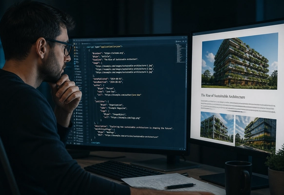 JSON-LD structured data overlay on a blog article layout with breadcrumb and author blocks