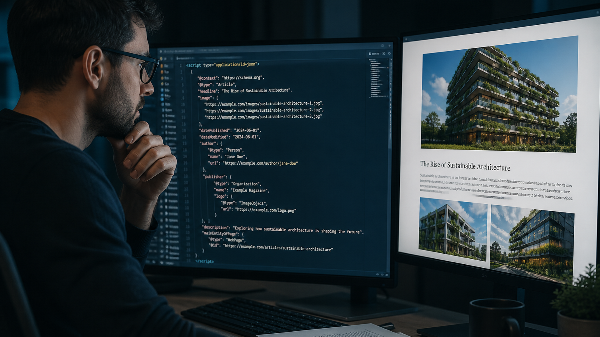 JSON-LD structured data overlay on a blog article layout with breadcrumb and author blocks