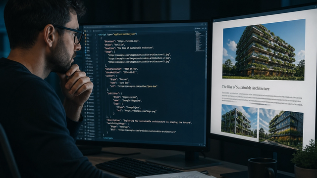 JSON-LD structured data overlay on a blog article layout with breadcrumb and author blocks