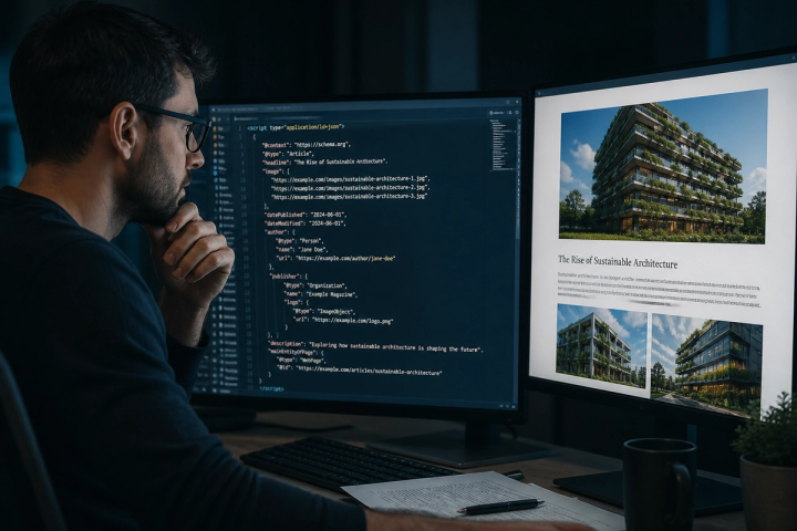 JSON-LD structured data overlay on a blog article layout with breadcrumb and author blocks