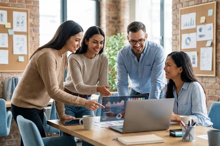 Creative agency team collaborating around a laptop in a modern office