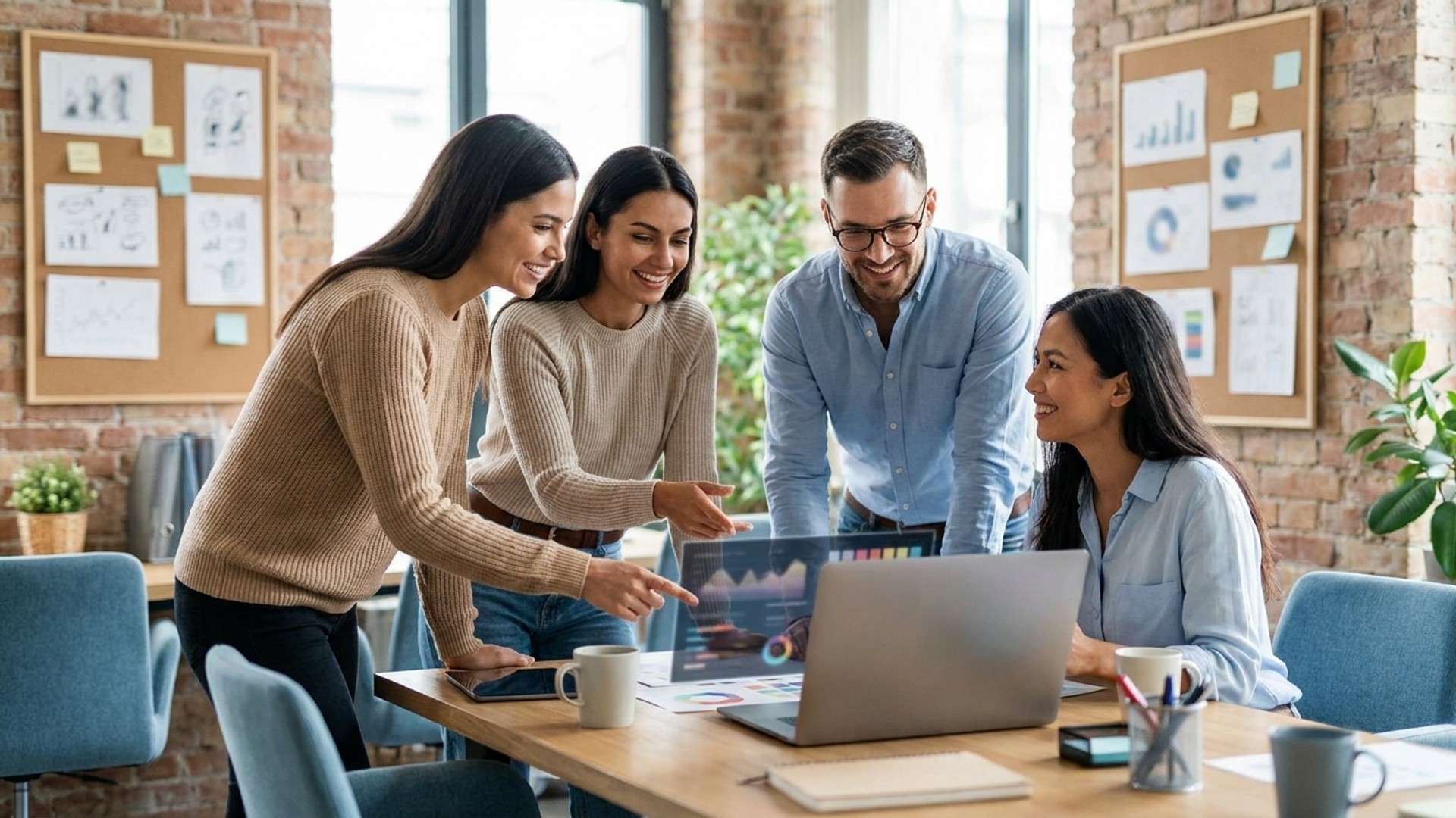 Creative agency team collaborating around a laptop in a modern office