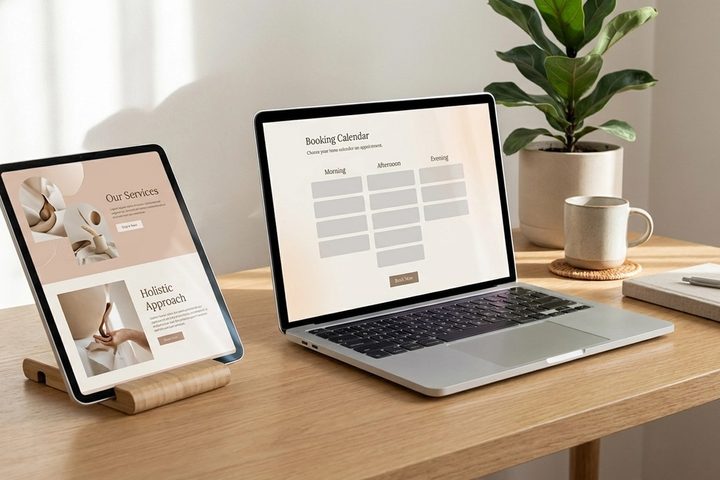 A laptop and tablet showing a wellness practice website and booking calendar on a bright wooden desk with plants nearby