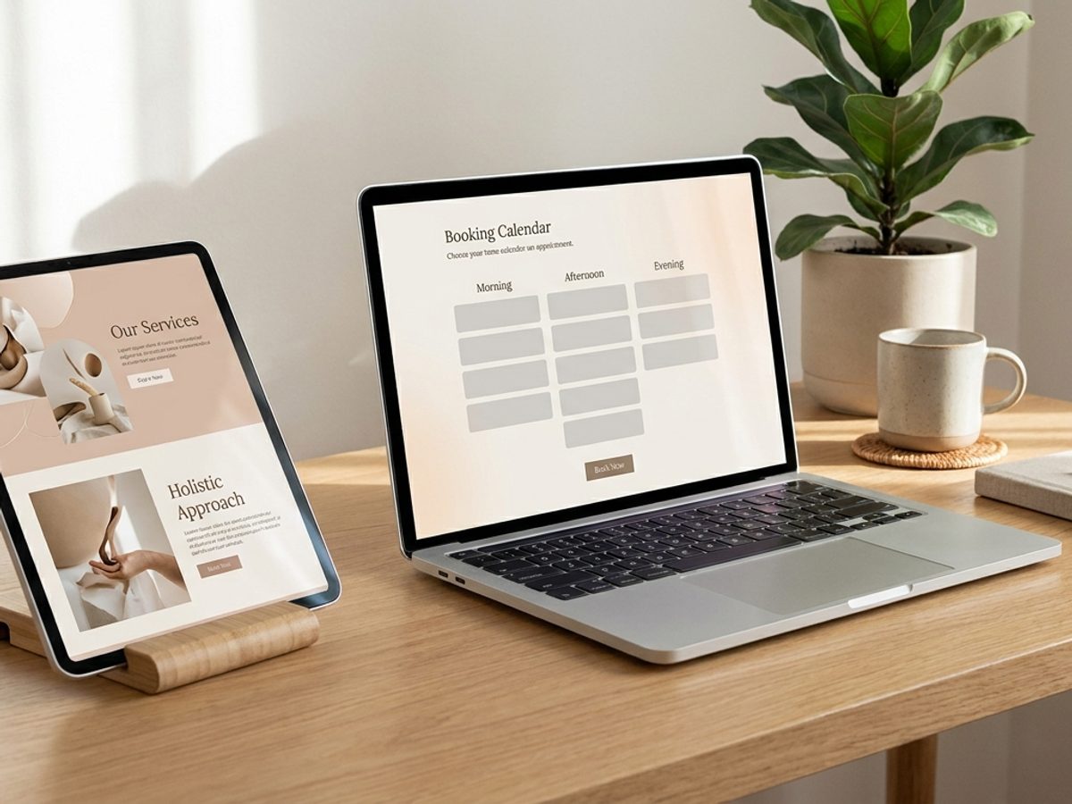 A laptop and tablet showing a wellness practice website and booking calendar on a bright wooden desk with plants nearby