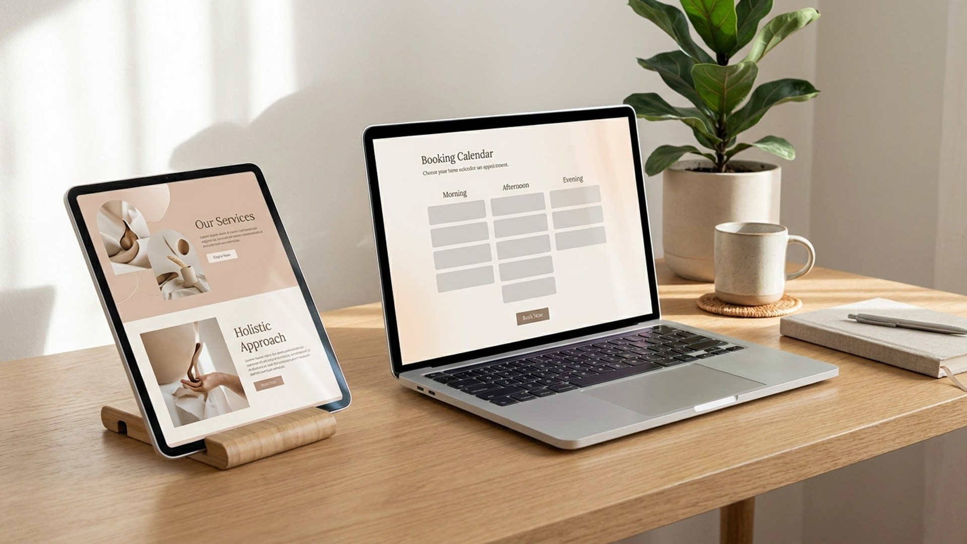 A laptop and tablet showing a wellness practice website and booking calendar on a bright wooden desk with plants nearby